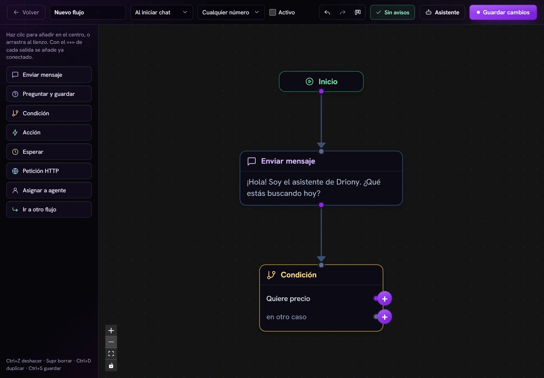 El editor visual de flujos: un bloque de mensaje seguido de una condición por palabras clave